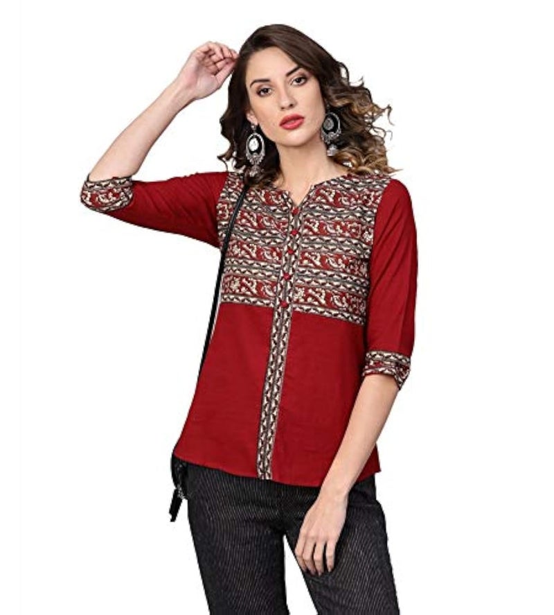 Yash Gallery Indian Cotton Kalamkari Printed Regular Summer Tops for Women (Maroon) - Image 1